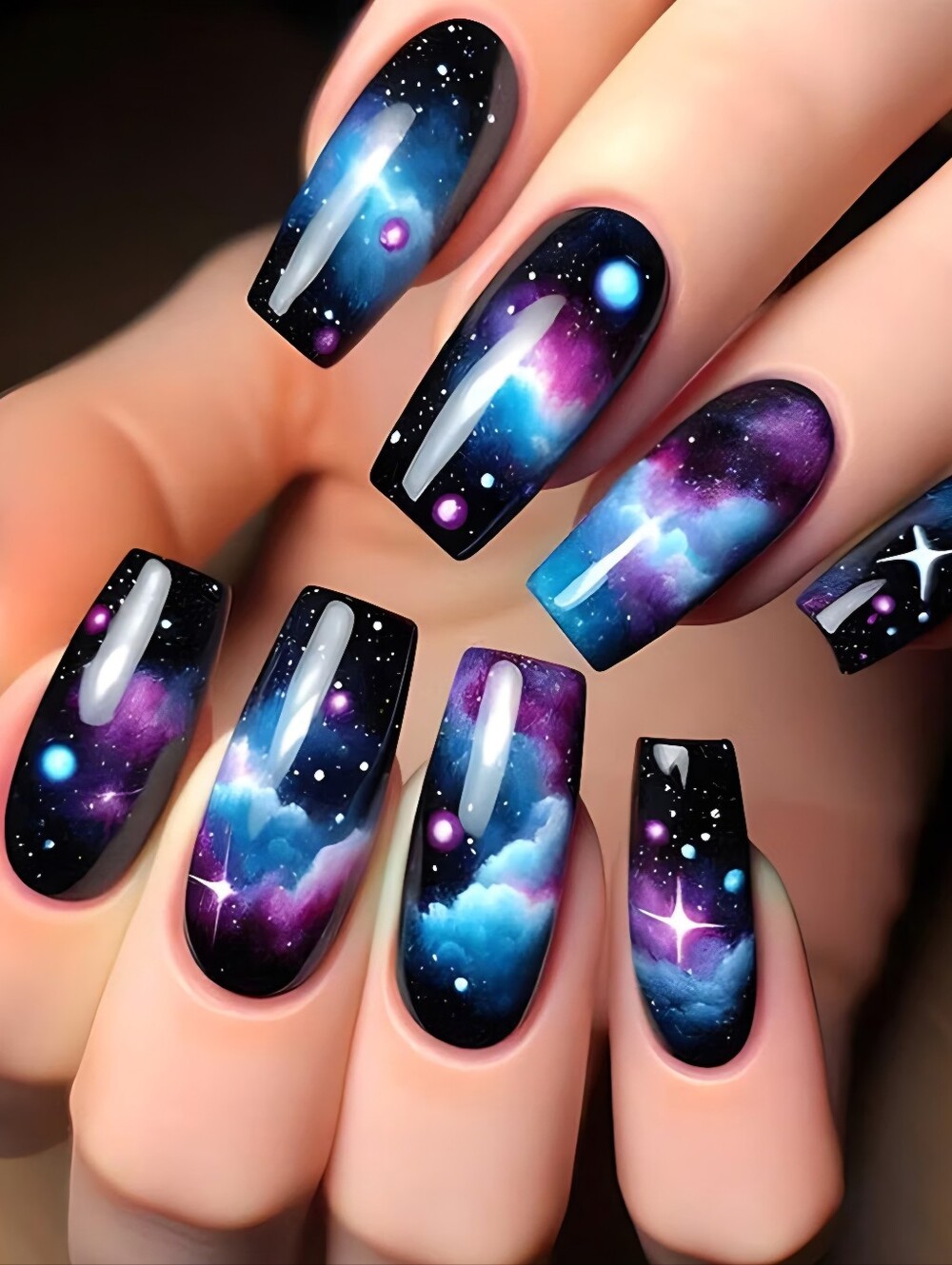 Galaxy Nail Art Press-On Set - Blue & Purple Space Design